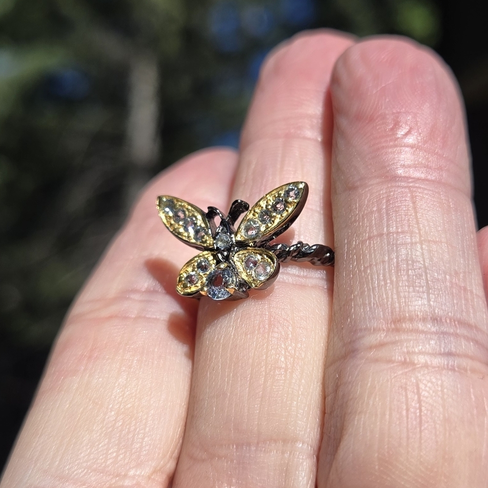 Blue Topaz Natural Gemstone Sterling Rhodium & Gold Butterfly Ring Sz7 - Picture 7 of 10